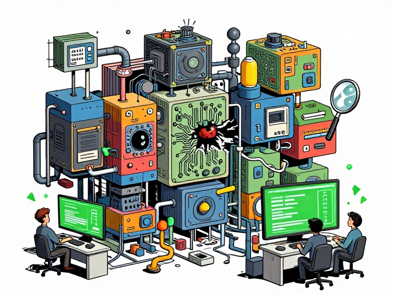 Software vulnerabilities hidden in complex systems of interconnected machines, representing how vulnerabilities arise and go unnoticed during software development and security testing.